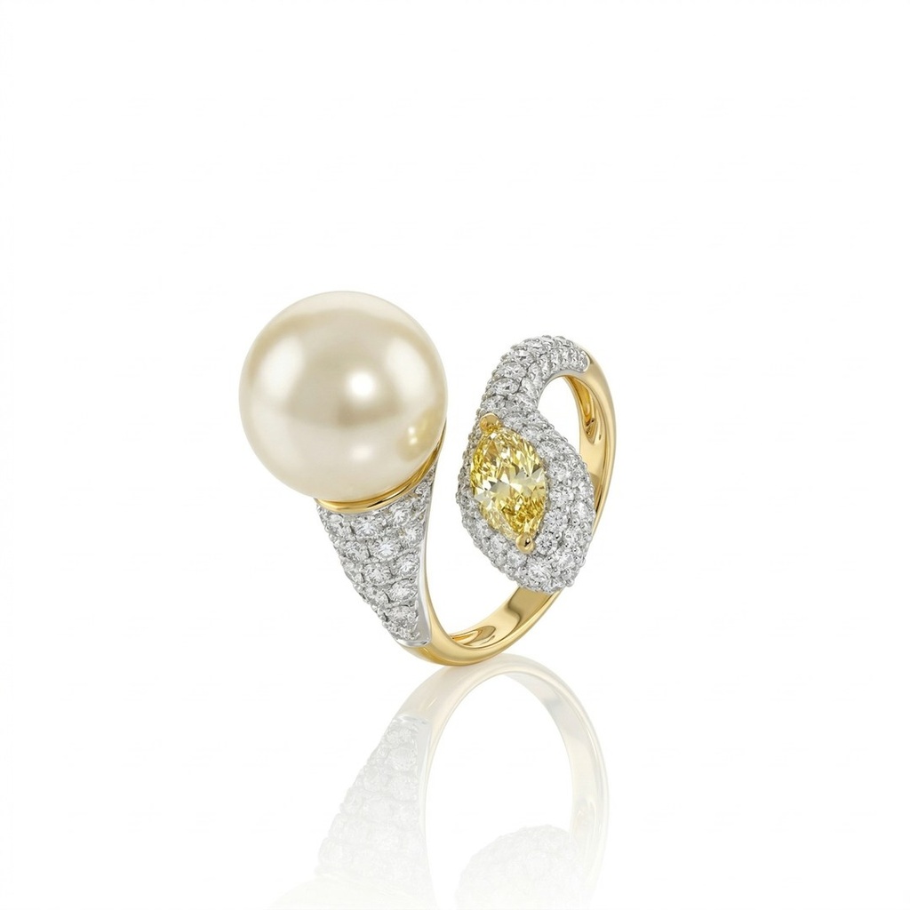 ANEL PEROLA 12MM DIAMANTE NAVETE 0,56CT 97 BRILHANTES 1,16CT 6,43G OURO AMARELO 18K - COLEÇAO OVER THE MOON
