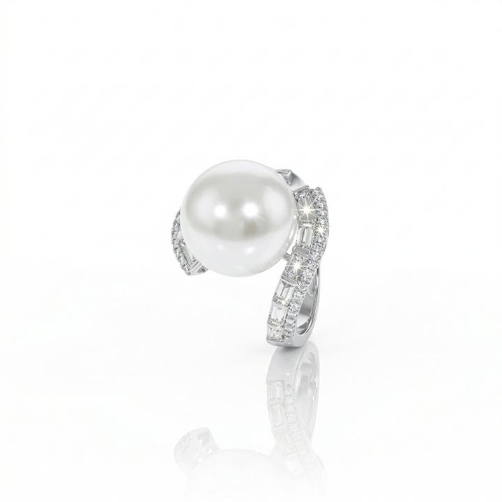 ANEL PEROLA 13MM  12 DIAMANTES BAGUETES 0,71CT 42 BRILHANTES 0,15CT 7,23G OURO BRANCO 18K - COLEÇAO OVER THE MOON