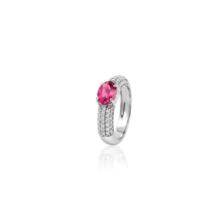 [073257] Anel Rubelita Oval 1,11ct 5 Fileiras Pavê 62 Brilhantes 0,57ct g VS1 4,0g Ouro Branco 18k - Coleção Rubelita