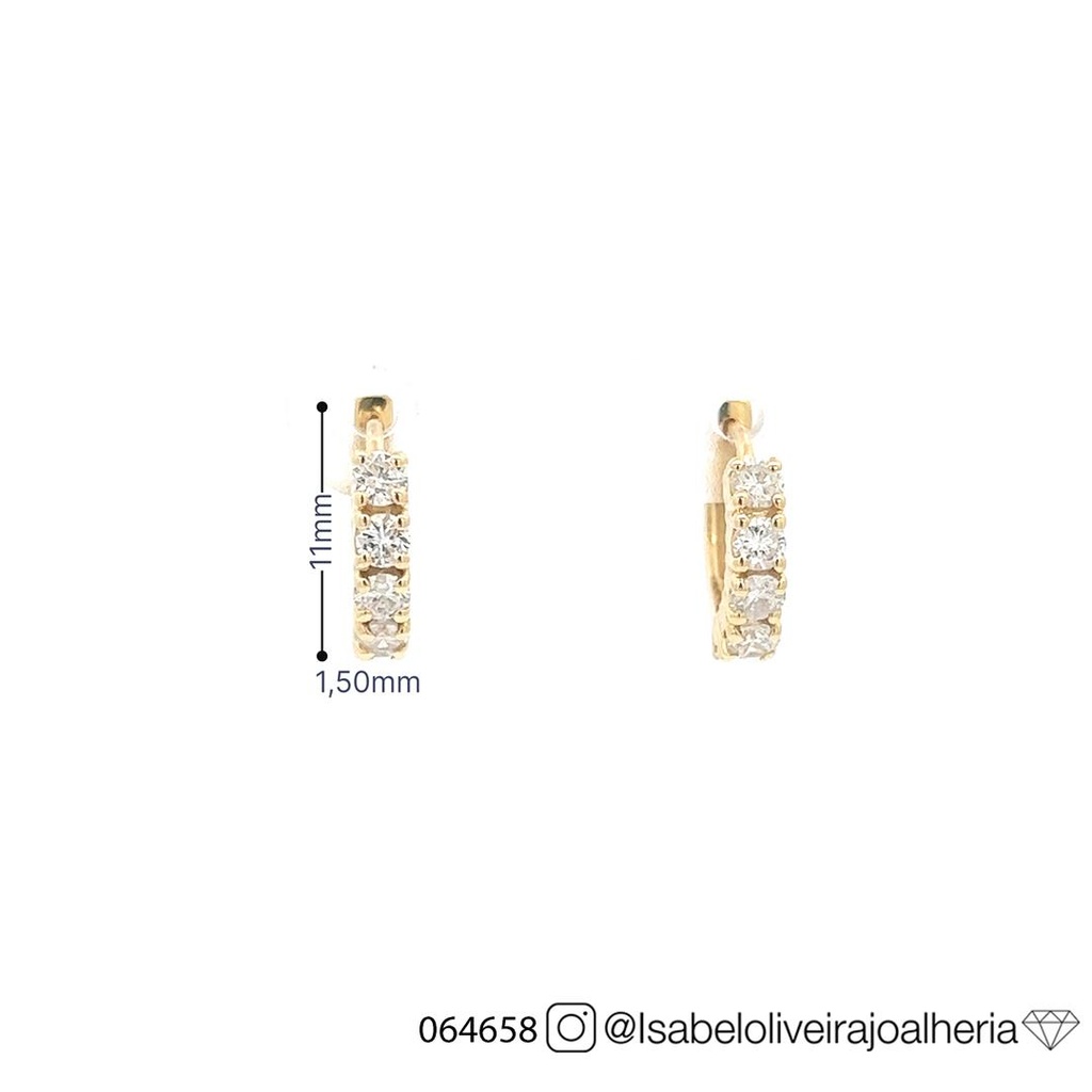 [064658] ARG01BRIAM-Argola 11mm Diâmetro Fio Quadrado 1,50mm 1 Fileira com Meia Cravação 10 Brilhantes 0,57ct H/i/j SI1/VS2 2,43g Ouro Amarelo 18k - Coleção Argolas Fashion