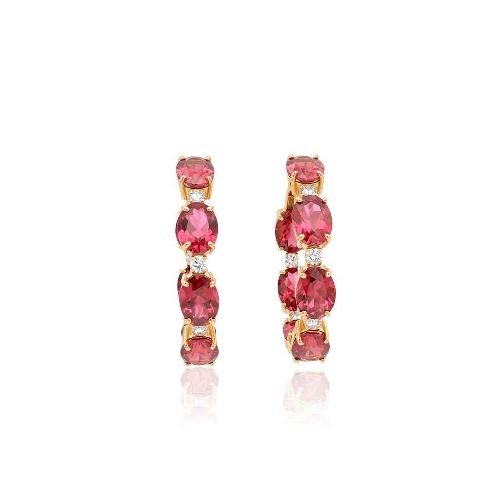 ARGOLA 32 MM 14 RUBELITAS OVAL 15,98CT 12 BRILHANTES 0,72CT H VS2 14,55G OURO AMARELO 18K - COLEÇAO RUBELITA