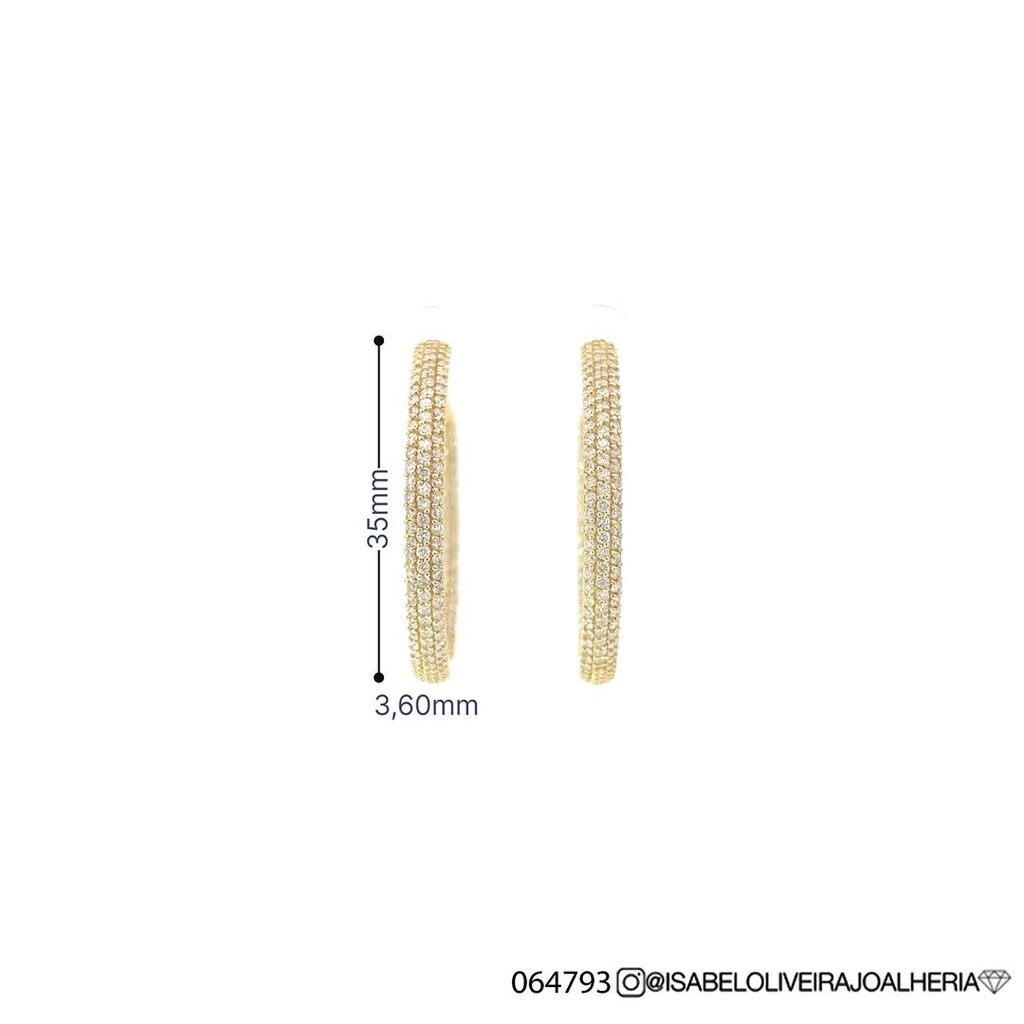 [064793] Argola 35mm Diâmetro Meia Cana 3 Fileiras Cravação Externa e Interna 332 Brilhantes 2,65ct H/i/j SI1/VS2 14,90g Ouro Amarelo 18k - Coleção Argolas Fashion