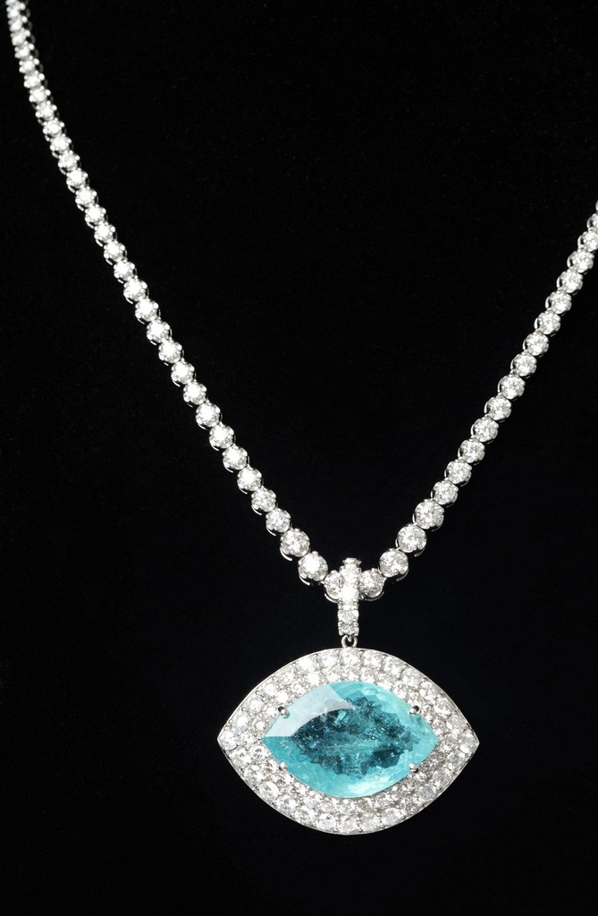 Pingente Olho Grego Turmalina Paraiba 20,32ct 60 Brilhantes 5,04ct H/i SI1 13,70g Ouro Branco 18k - Coleção Caribbean Blue - Certificado Jane PJG836-23