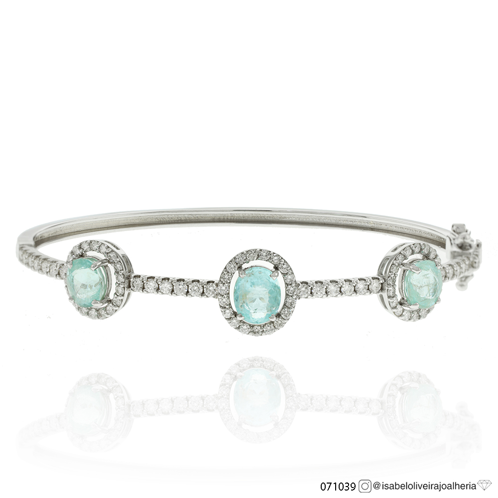 [071039] Bracelete 3 Turmalinas Paraibas Ovais 3,22ct 82 Brilhantes 1,26ct g VS1 12,31g Ouro Branco 18k - Coleção Caribbean Blue