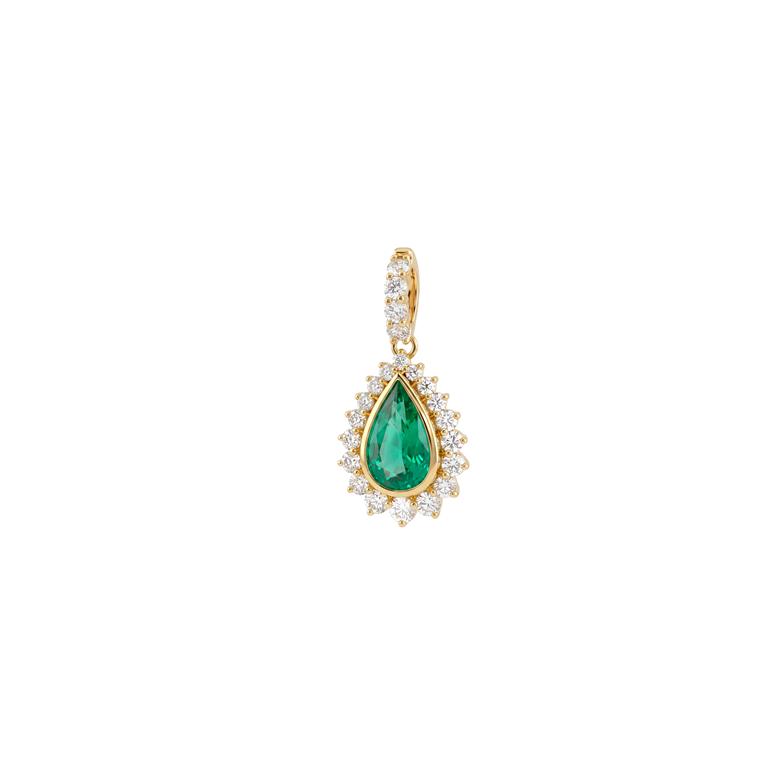 [076757] Pingente Tira e Poe Clássico Esmeralda Brasileira Gota 1,19ct 22 Brilhantes 0,71ct H SI1 2,52g Ouro Amarelo 18k - Coleção Brazilian Emerald
