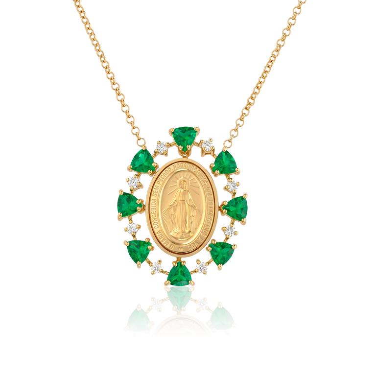 Colar Nossa Senhora das Graças 8 Esmeraldas Trillion 1,55ct 8 Brilhantes 0,17ct H VS2 6,93g 45cm Ouro Amarelo 18k - Coleção Fe Santos