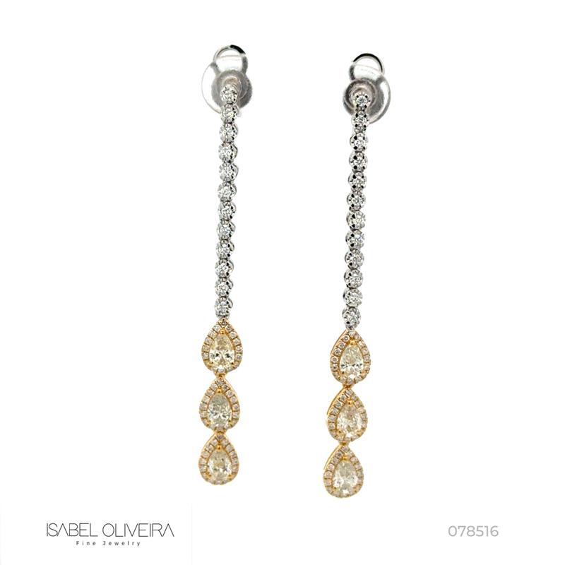 [078516] Brinco Pendurado 6 Diamantes Gota 1,35ct 120 Brilhantes 0,61ct 4,88g Ouro Branco e Amarelo 18k - Coleção Laisa