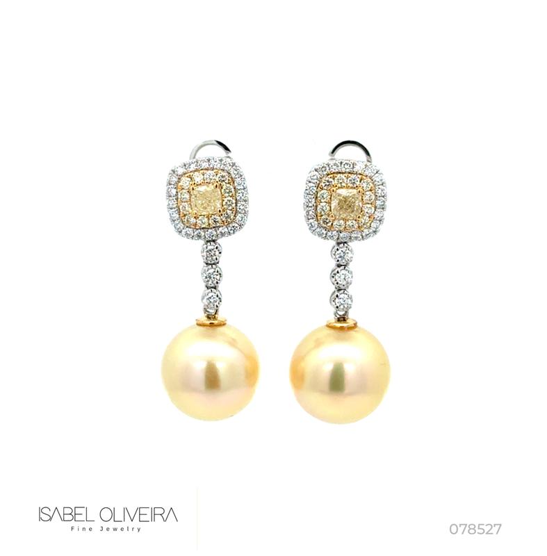 Brinco 2 Pérolas 2 Diamantes Fancy 0,66ct 70 Brilhantes 0,90ct 10,16g Ouro Amarelo 18k - Coleção Over The Moon