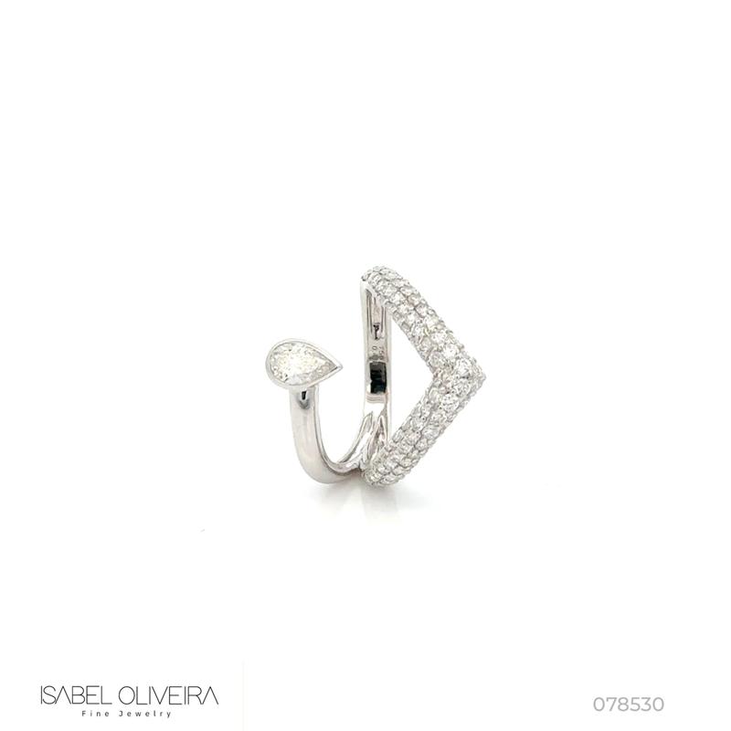 [078530] Anel V 1 Diamante Gota 0,41ct 93 Brilhantes 0,97ct 3,44g Ouro Branco 18k - Coleção Laisa