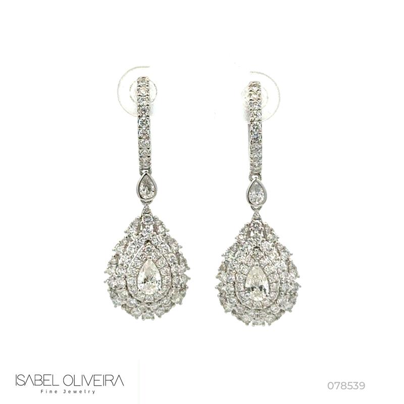 Brinco Pendurado 4 Diamantes Gota 0,77ct 134 Brilhantes 2,03ct 6,55g Ouro Branco 18k - Coleção Laisa