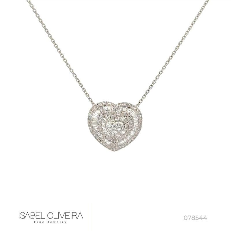 Colar Coração 60 Diamantes Baguetes 0,35ct 90 Brilhantes 0,23ct 43cm 3,44g Ouro Branco 18k - Coleção Laisa