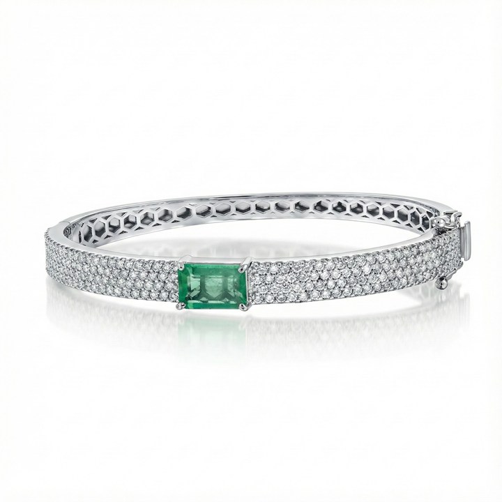 [073817] Bracelete Pavê 6mm com Esmeralda Colombiana Retangular 1,44ct 188 Brilhantes 1,74ct H VS2 15,10g Ouro Branco 18k - Coleção Colômbia Emerald