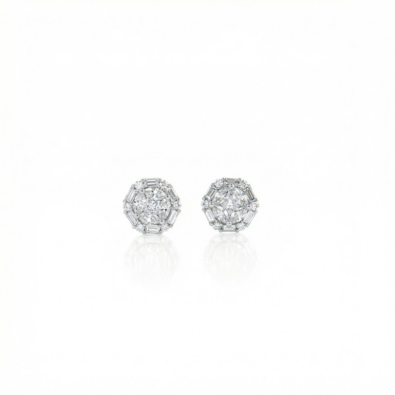 Brinco 10 Diamantes Navetes e Carré 0,94ct 12 Trapézio 0,50ct 12 Brilhantes 0,21ct 3,0g Ouro Branco 18k - Coleção Laisa