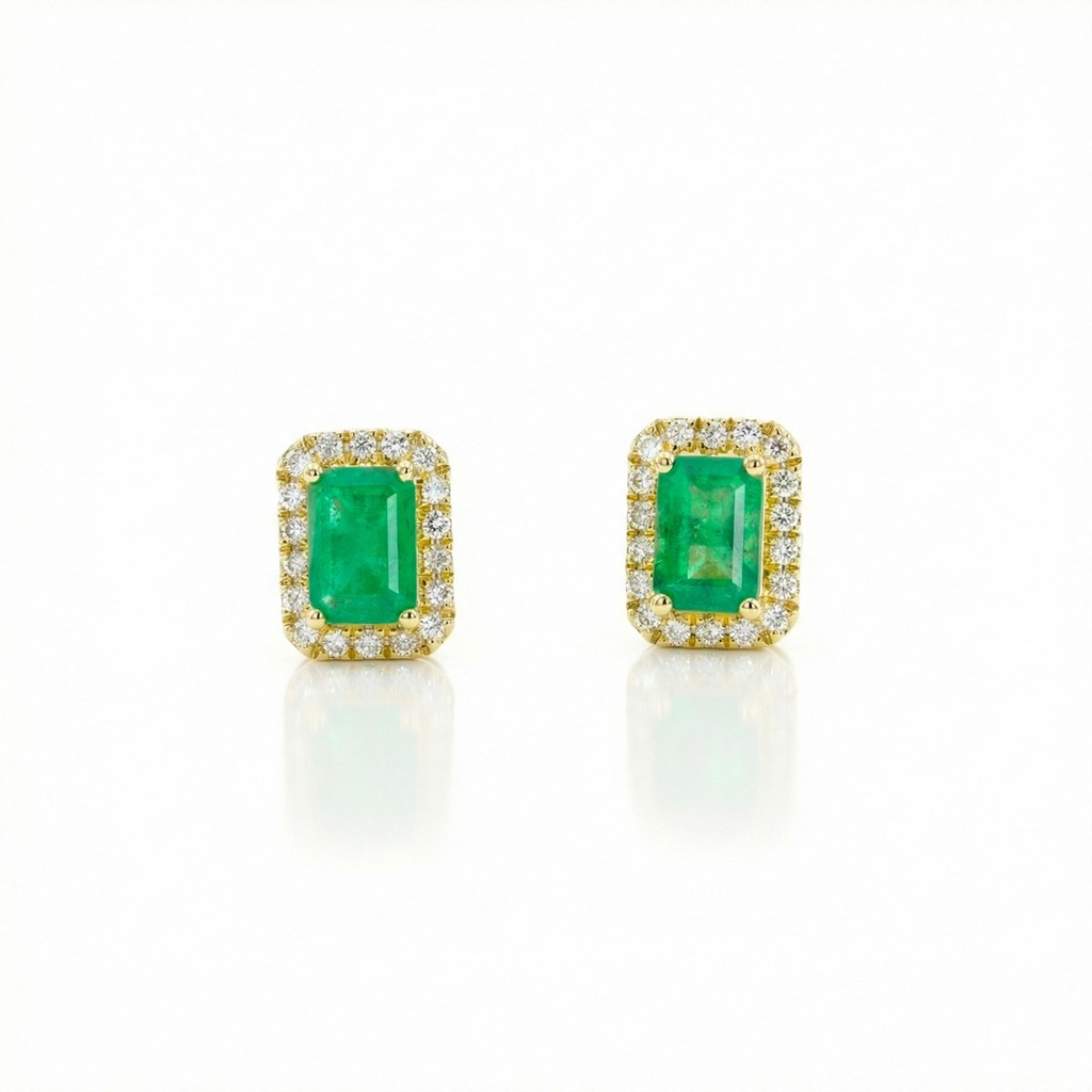 Brinco 2 Esmeraldas Octogonal 0,95ct 36 Brilhantes 0,18ct 1,83g Ouro Amarelo 18k - Coleção Brazilian Emerald