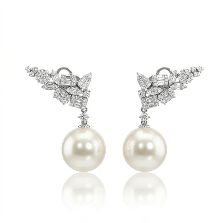 [076886] Brinco 2 Pérolas 12mm 30 Diamantes Baguetes 0,38ct 74 Brilhantes 0,62ct 9,26g Ouro Branco 18k - Coleção Over The Moon