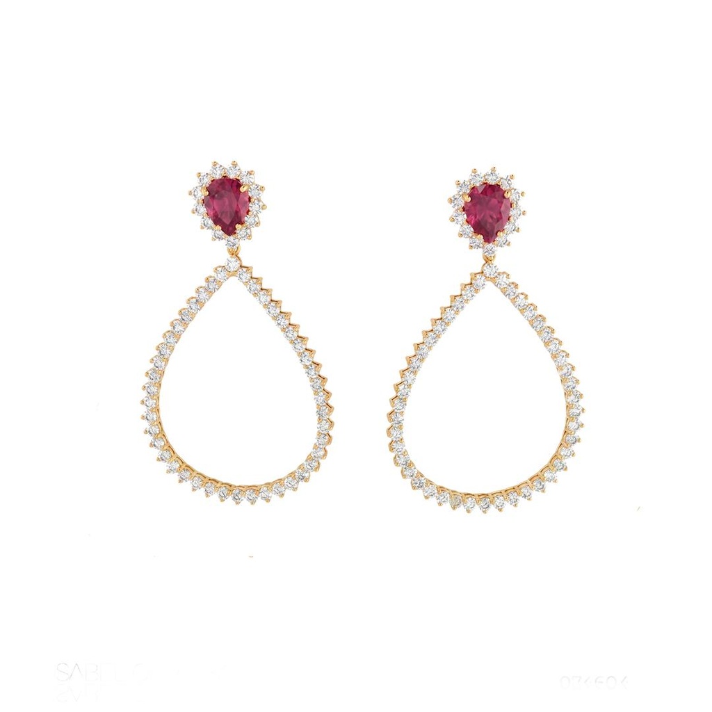 Brinco 2 Rubelitas Gota 2,29ct 114 Brilhantes 4,15ct H VS2 10,76g Ouro Amarelo 18k - Coleção Rubelita