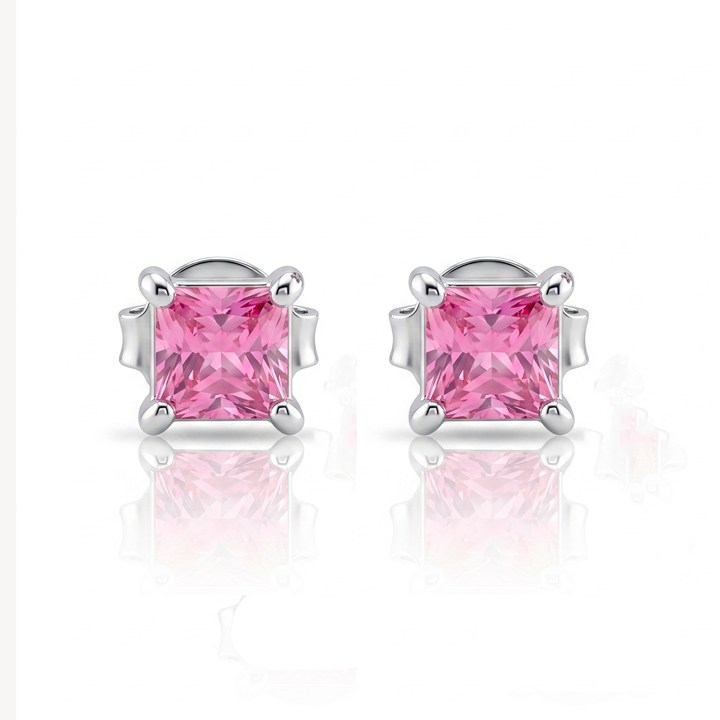 [050577] Brinco 2 Safiras Rosa Carré 0,12ct 1,10g Ouro Branco 18k - Coleção True Colors