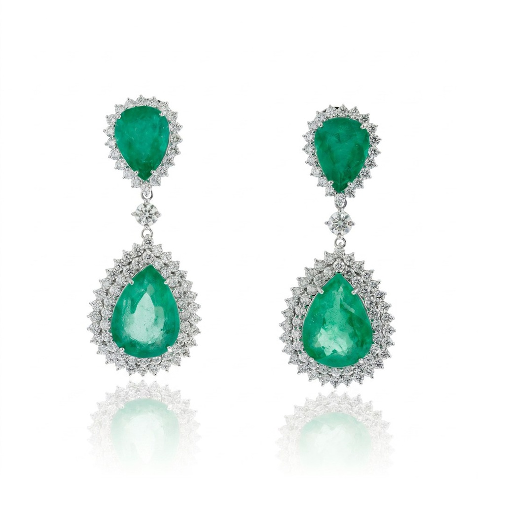 [076547] Brinco 4 Esmeraldas Brasileira Gota 24,82ct 150 Brilhantes 5,42ct H VS2 22,47g Ouro Branco 18k - Coleção Brazilian Emerald
