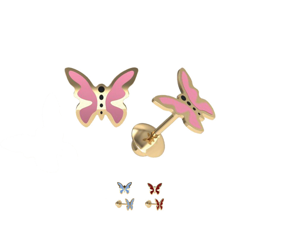Brinco Borboleta Esmaltado Rosa 0,40g Ouro Amarelo 18k - Coleção Kids