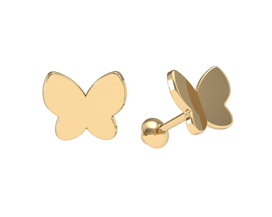 Brinco Borboleta Lisa Concava 0,55g Ouro Amarelo 18k - Coleção Kids