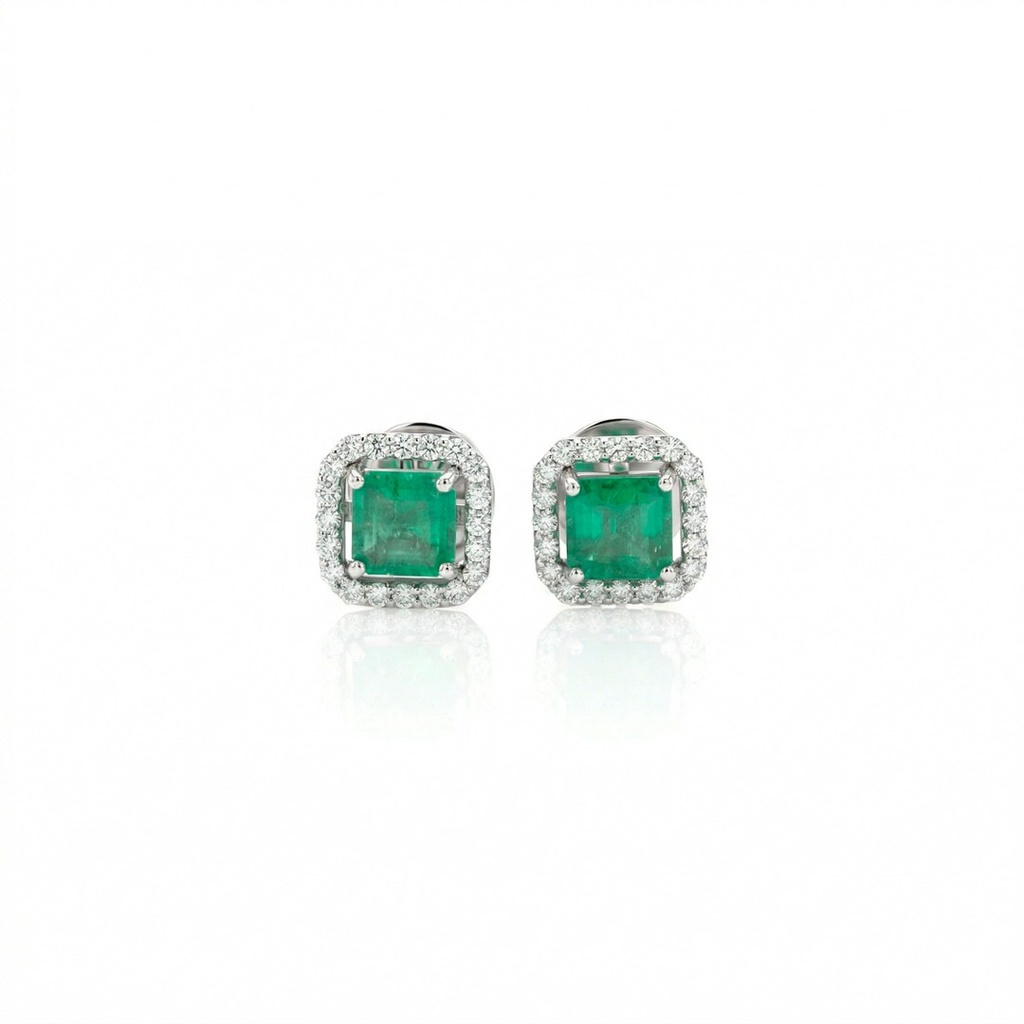 Brinco Clássico 2 Esmeraldas Brasileira Octogonal 1,24ct 40 Brilhantes 0,37ct g VS1 3,05g Ouro Branco 18k - Certificado Belmont - Coleção Brazilian Emerald