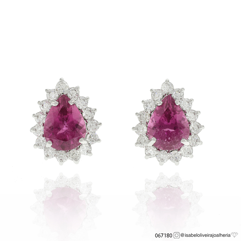 Brinco Clássico 2 Rubelitas Gota 2,16ct 30 Brilhantes 0,62ct g VS1 3,71g Ouro Branco 18k - Cruzeiro Mine - Coleção Rubelita