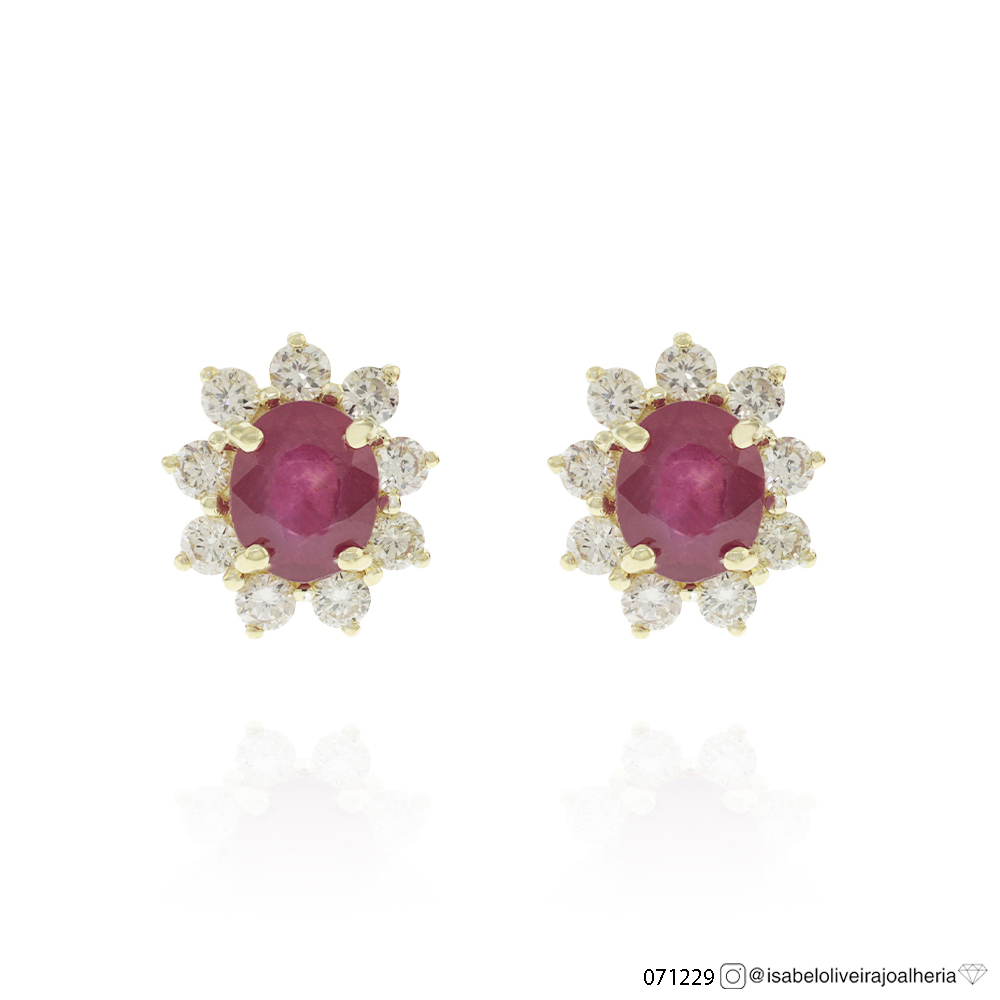 [071229] Brinco Clássico 2 Rubis Oval 1,04ct 18 Brilhantes 0,38ct 1,33g Ouro Amarelo 18k - Coleção Red To Wear