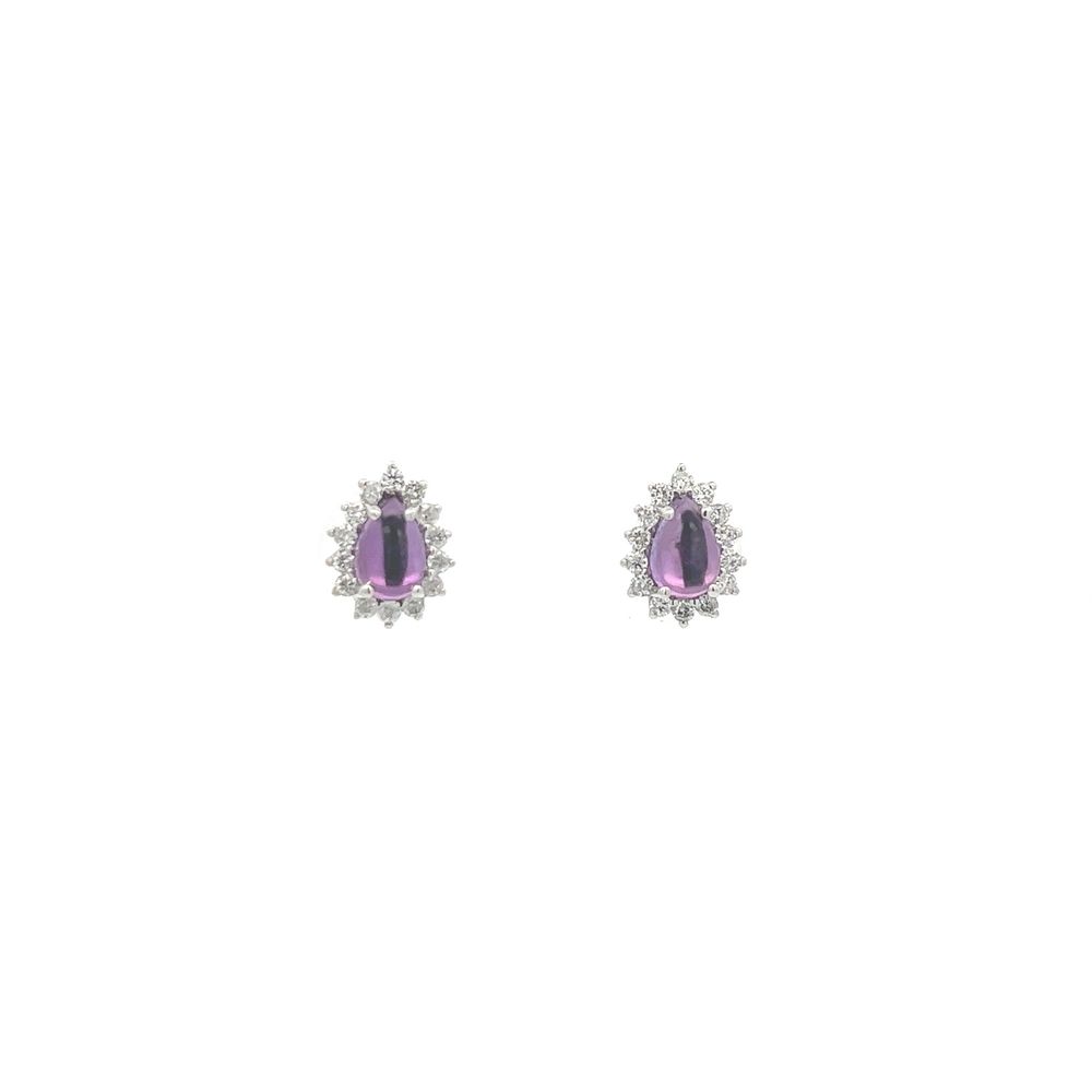 Brinco Clássico I 2 Ametistas Gota Cabochão 0,85ct 28 Brilhantes 0,27ct I SI1 1,50g Ouro Branco 18k - Coleção Sara e Antonio