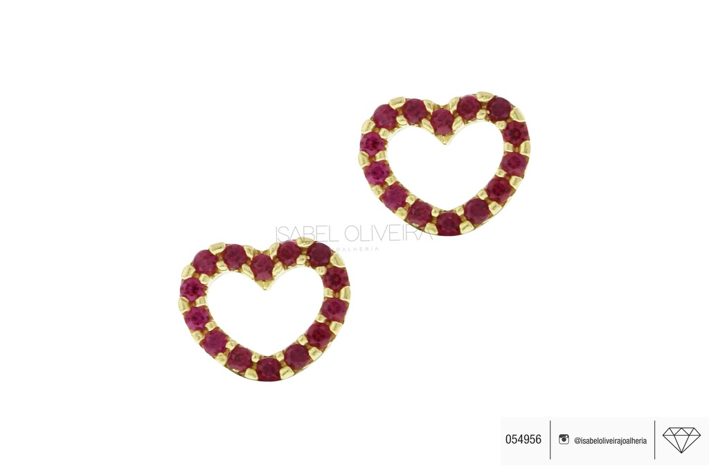 [054956] Brinco Coração Vazado Zircônia Vermelha 0,80g Ouro Amarelo 18k - Coleção Kids