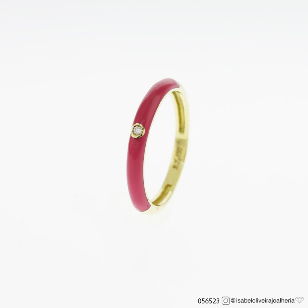 ANEL CERAMICA ROSA 1 BRILHANTE CENTRAL 0,01CT 2,50GR - OURO AMARELO 18K - DAY BY DAY