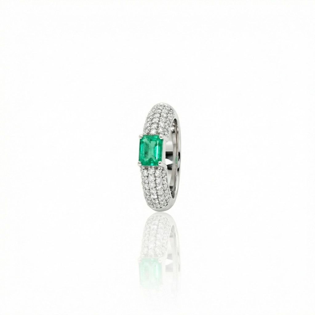 Anel Dedinho Esmeralda Brasileira Octogonal 0,57ct 5 Fileiras Pavê 58 Brilhantes 0,58ct H SI1 3,75g Ouro Branco 18k - Coleção Brazilian Emerald