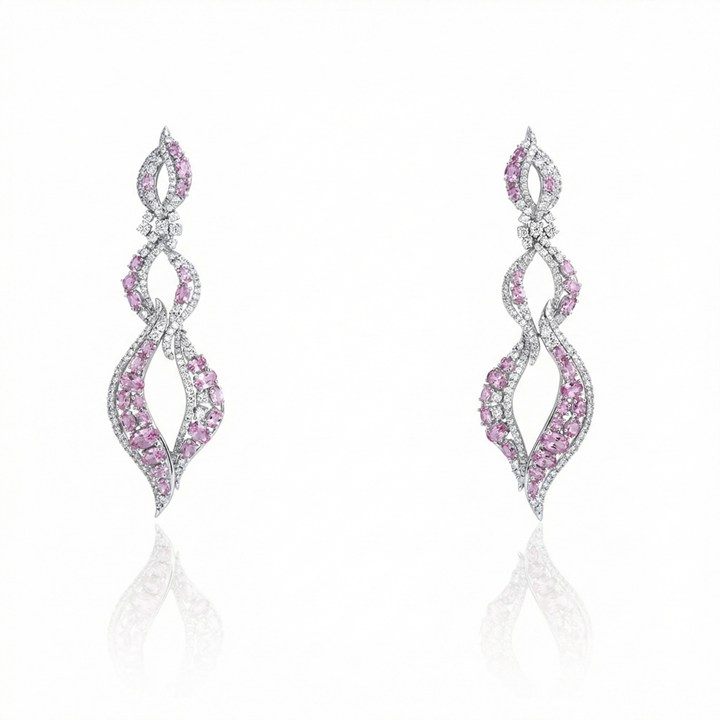 Brinco Longo 3 Gotas com 54 Safiras Rosas Ovais 16,77ct 264 Brilhantes 3,13ct H/i SI1 22,33g Ouro Branco 18k - Coleção True Colors