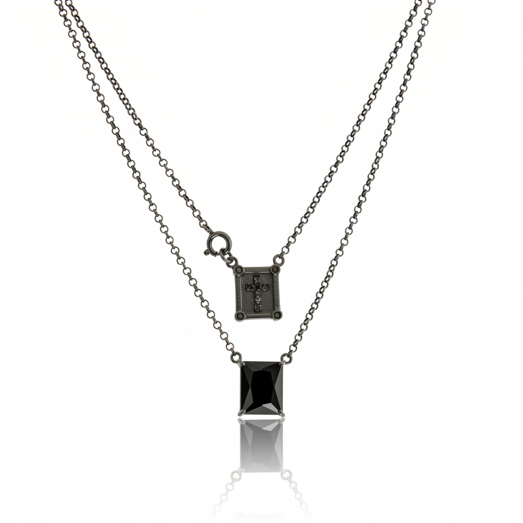 Escapulario 1 Onix Retangular Cruz 11 Brilhantes Negros 0,06CT 44CM 3,84G Ouro Branco 18K com Rodio Negro - Coleçao Escapulario Premium