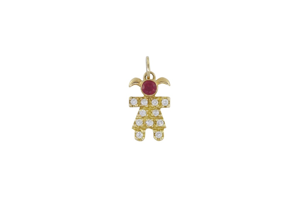 PINGENTE ANEL MENINA 1 RUBI 0,14CT 11 BRILHANTES I SI1  0,11CT I SI1  0,90G OURO AMARELO 18K - COLEÇAO MAES E FILHOS