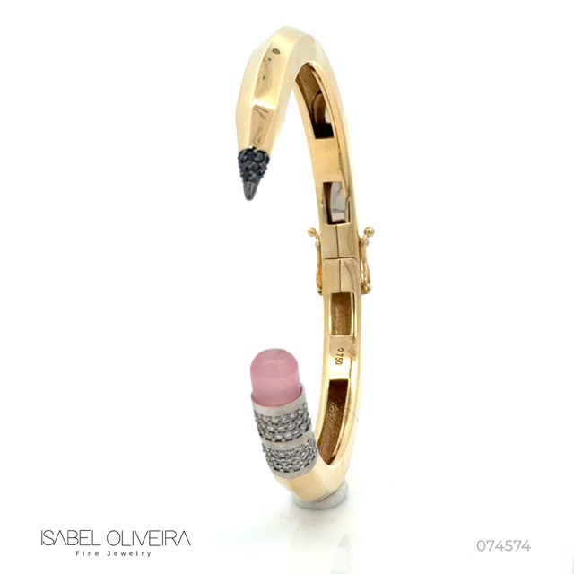 Pulseira Lapis 90 Brilhantes 0,66ct H VS2 19 Brilhantes Black 0,15ct Jade Rosa 19,94g Ouro Amarelo e Branco 18k